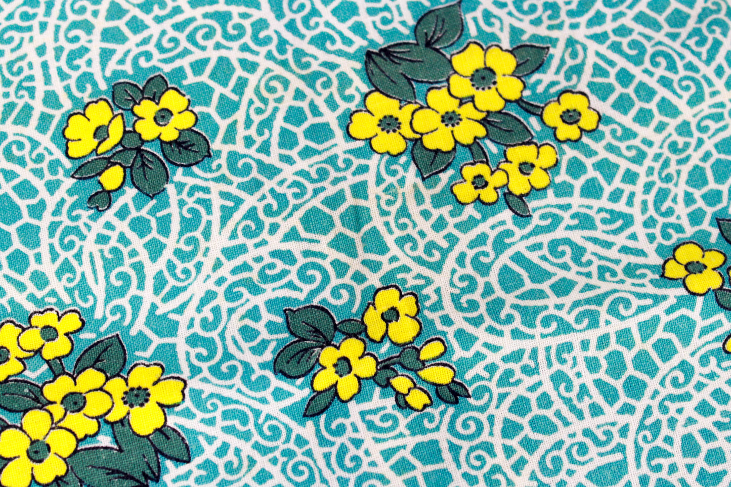 1940s Turquoise Yellow Floral Print Feedsack Cotton Fabric, 2 Pieces