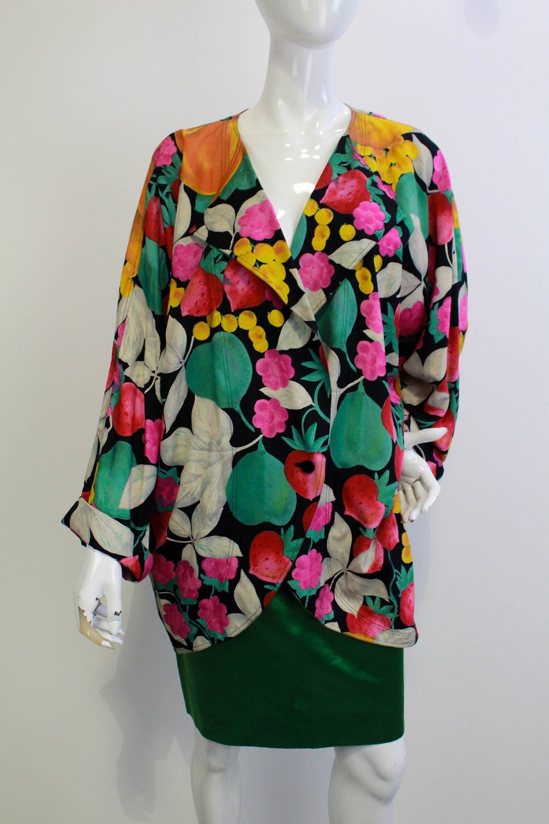 80s Vintage Ungaro Silk Fruit Print Blazer, Vintage Designer Clothing