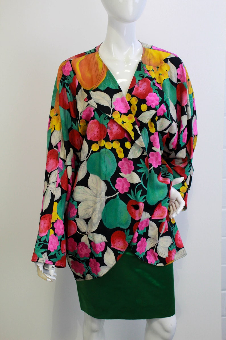 80s Vintage Ungaro Silk Fruit Print Blazer, Vintage Designer Clothing
