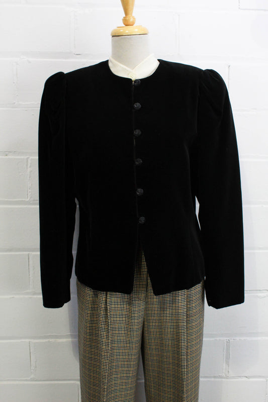 80s  Vintage Black Velvet Blazer Puff Sleeves Dark Academia Style Victorian Style