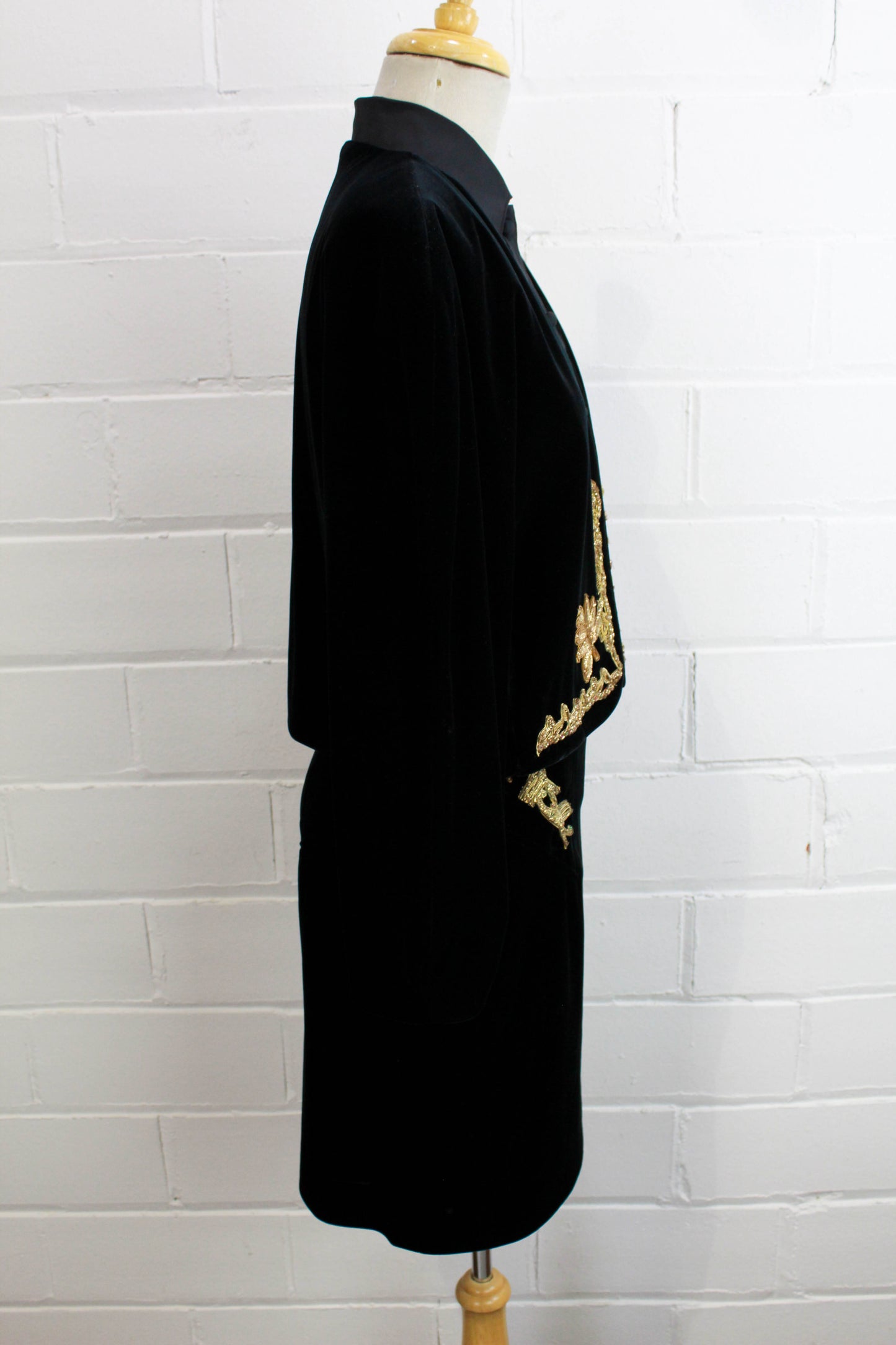 90s Black Velvet Gold Applique Skirt Suit by Mondi, S/M