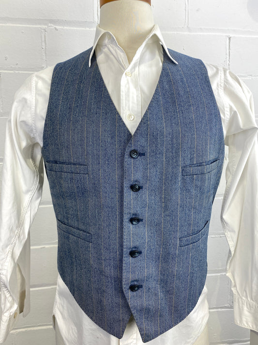 Vintage 80s Men's Blue Herringbone Stripe Waistcoat/ Vest, C40