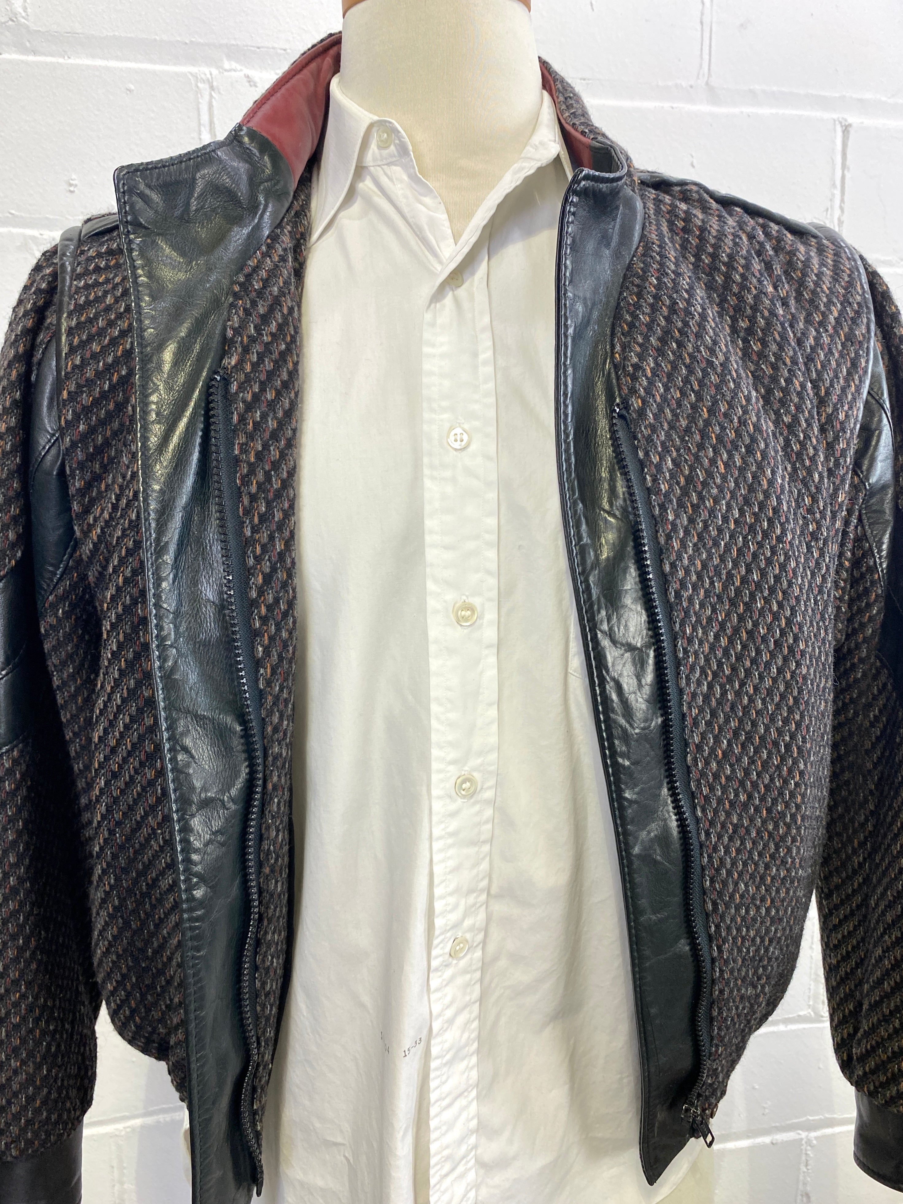 Vintage 1980s Men's Black Tweed Bomber Jacket with Leather Trim