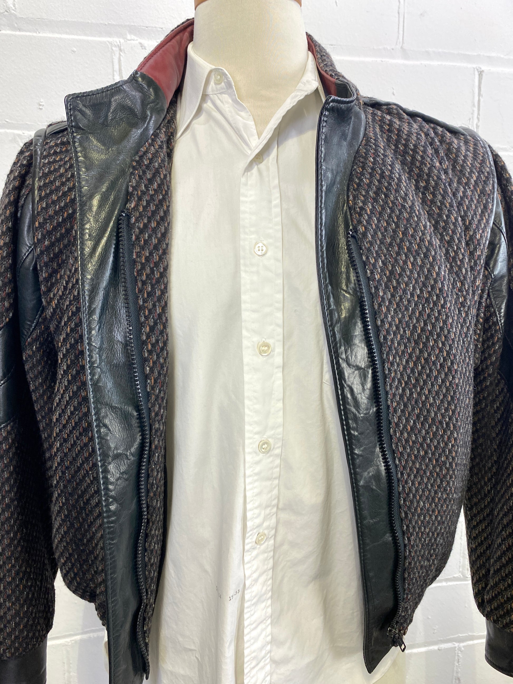 Vintage 1980s Men's Black Tweed Bomber Jacket with Leather Trim, Leo Chevalier 