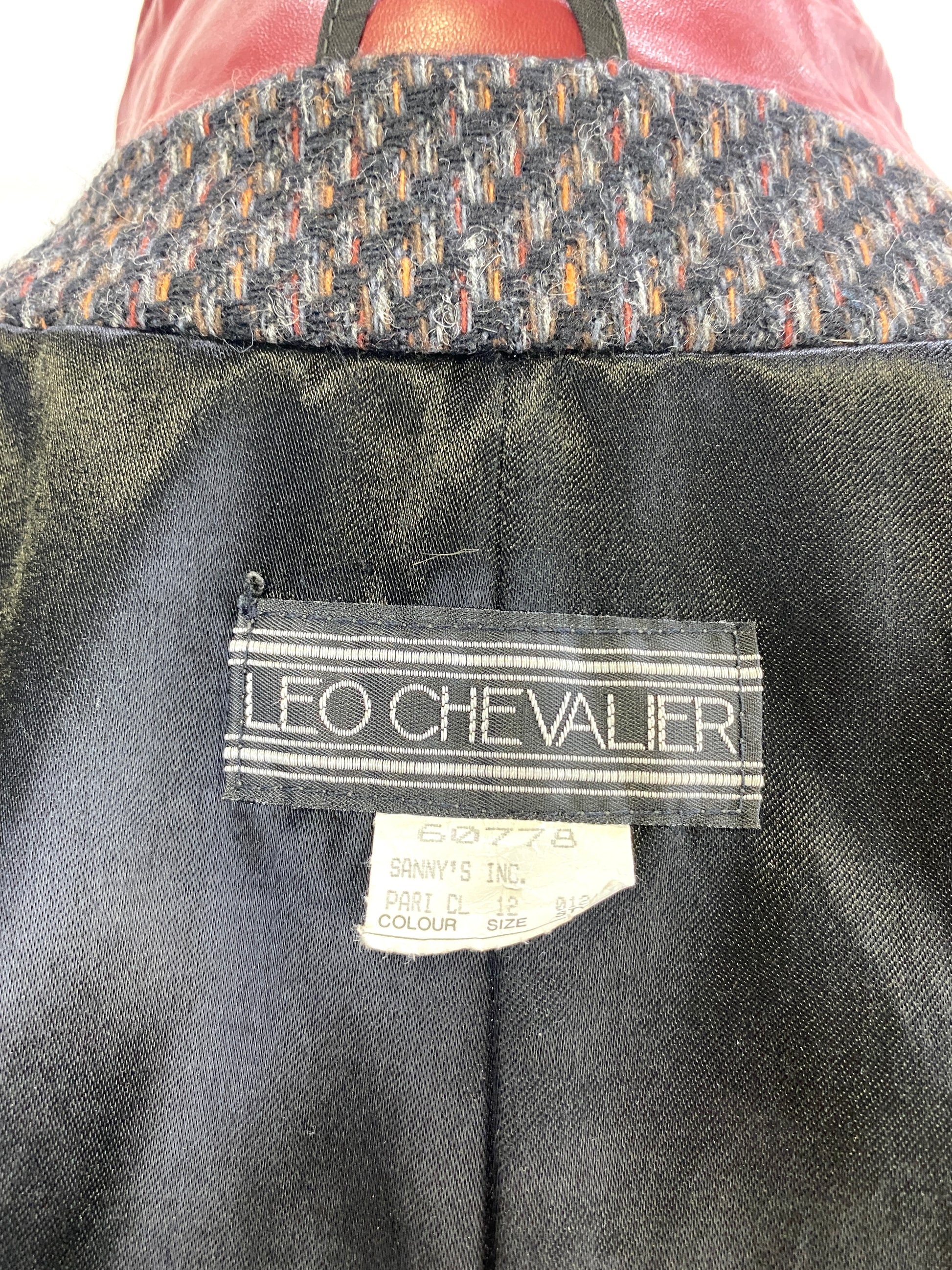 Vintage 1980s Men's Black Tweed Bomber Jacket with Leather Trim, Leo Chevalier 