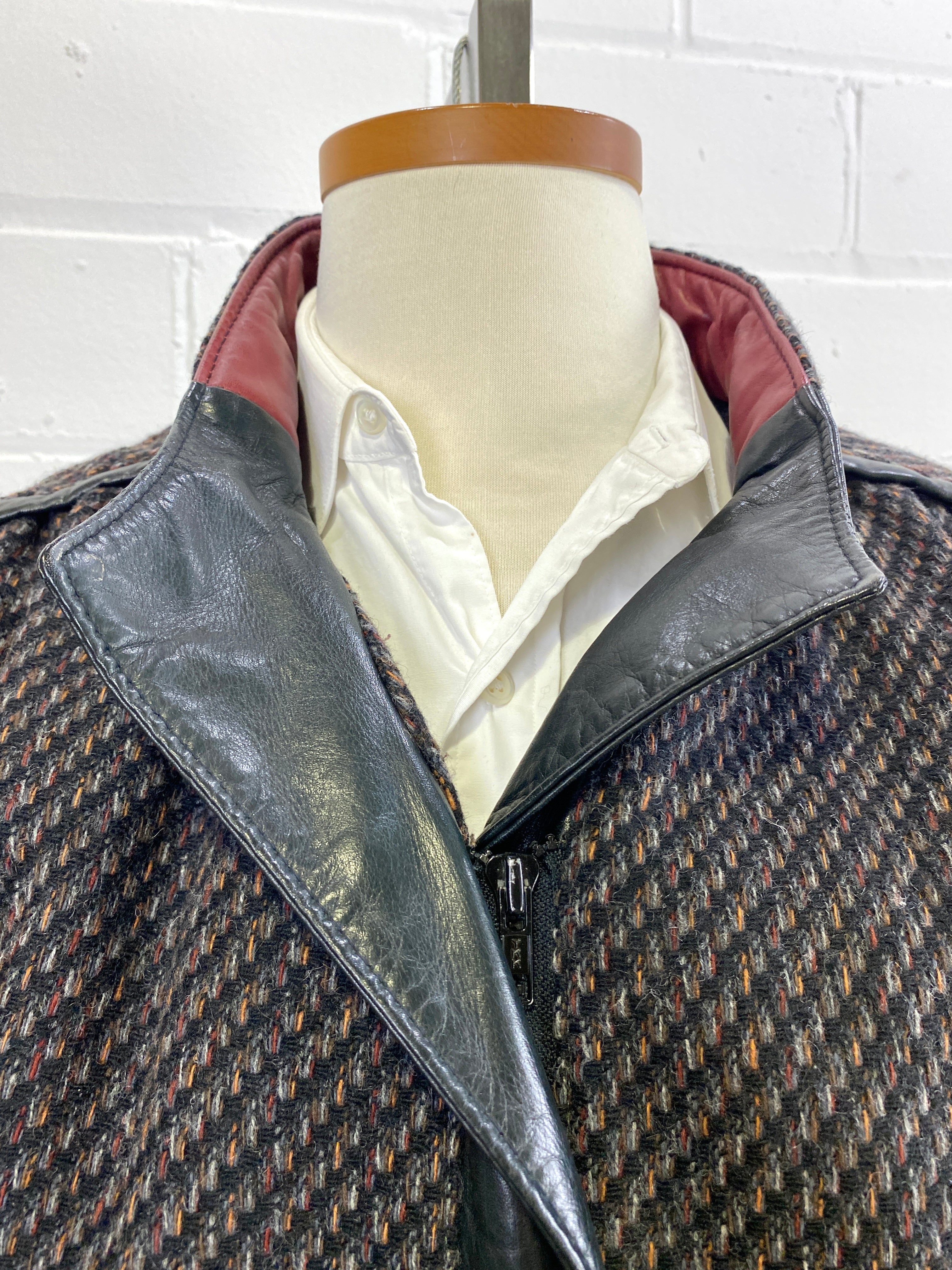 Vintage 1980s Men's Black Tweed Bomber Jacket with Leather Trim