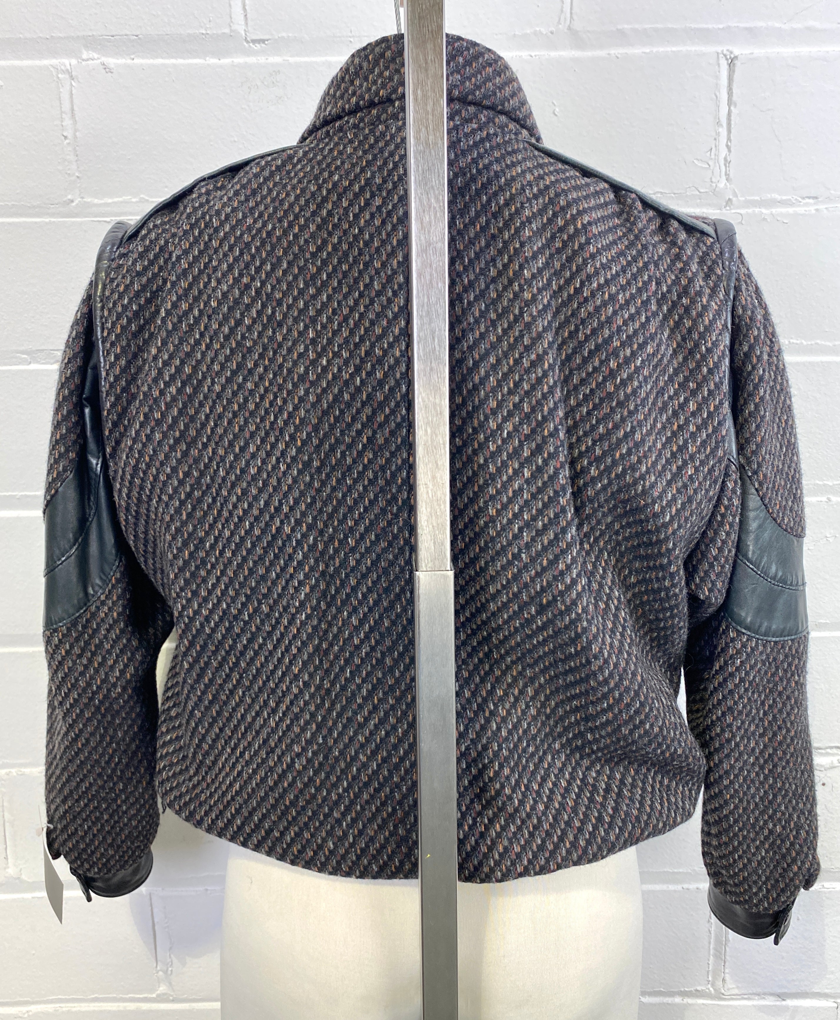 Vintage 1980s Men's Black Tweed Bomber Jacket with Leather Trim