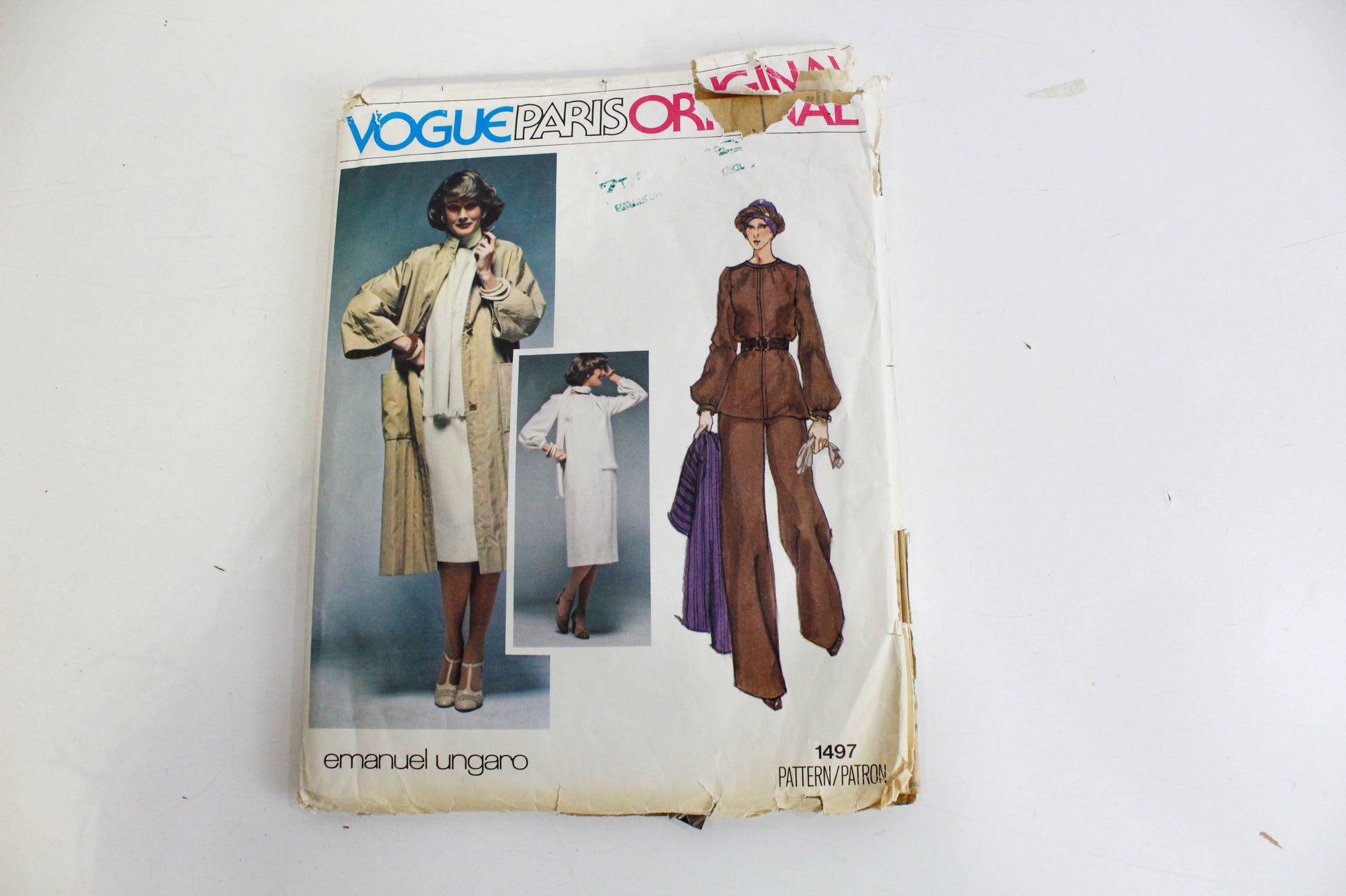 1970s vogue paris original 1497 sewing pattern emanuel ungaro coat top pants and dress bust 34