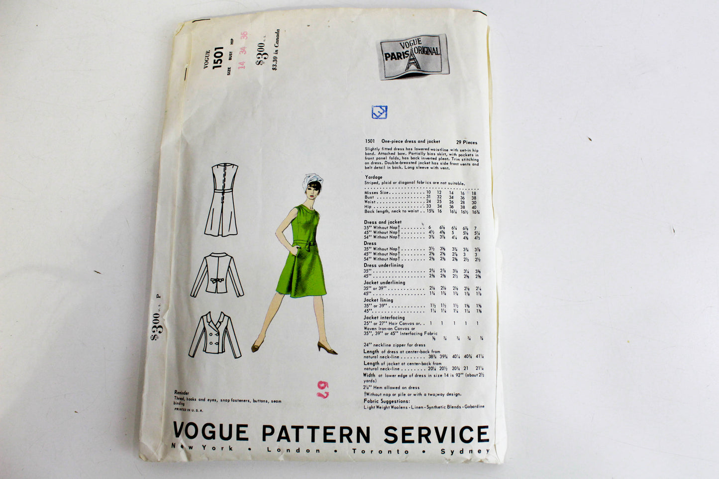 1960s Vogue Paris Original 1501 Nina Ricci Sewing Pattern, Dress and Jacket Set, Complete Bust 34