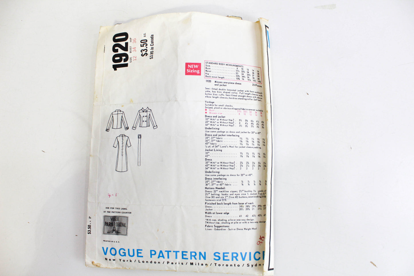 1960s Vogue Paris Original Pierre Balmain 1920 Sewing Pattern, Dress and Jacket Set, Complete Bust 34