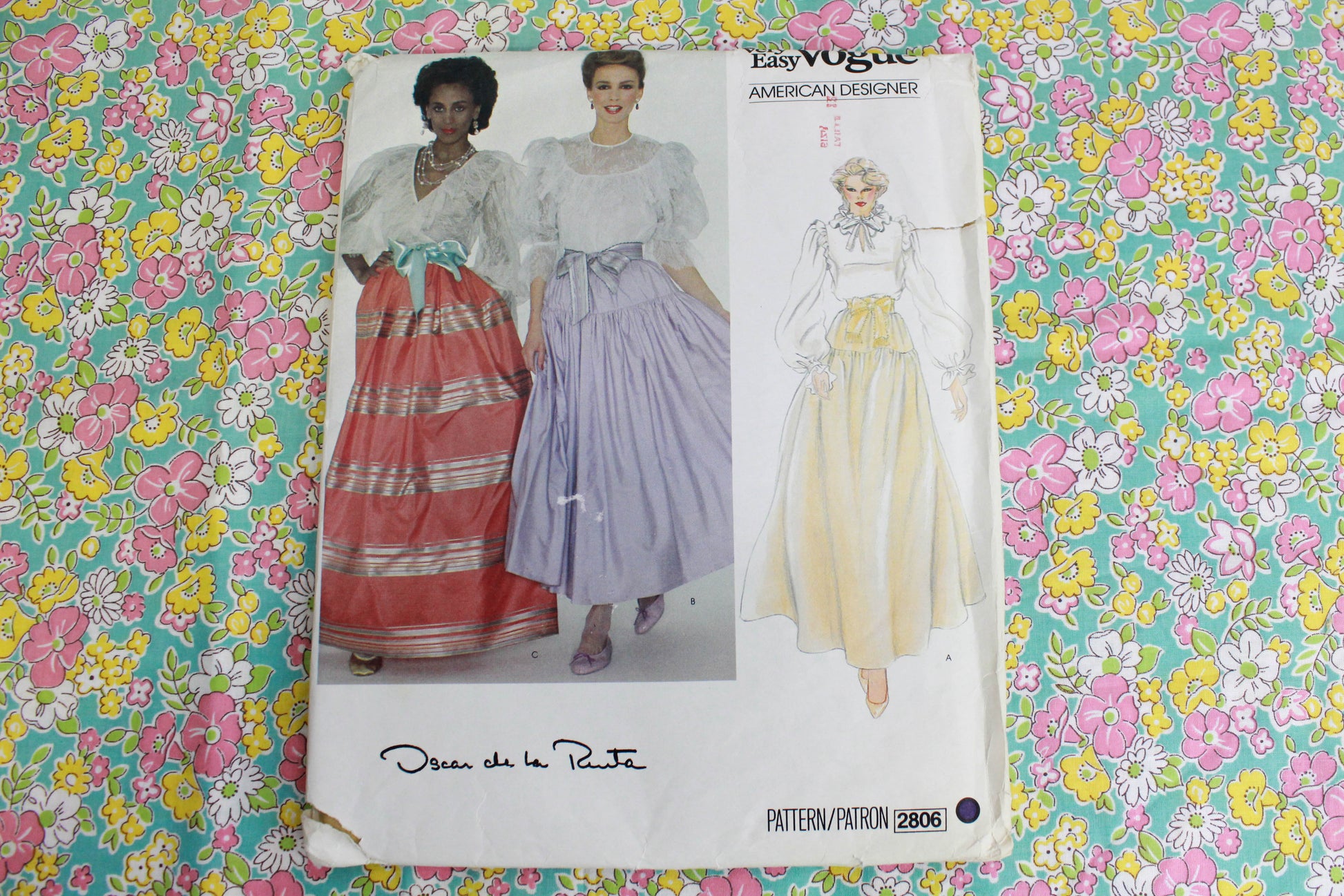 1980s oscar de la renta full skirt sewing pattern vogue american designer 2806