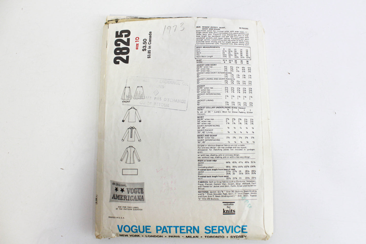 1970s Vogue American Designer Anne Klein 2825, Women's Jacket, Skirt, Shirt and Scarf Sewing Pattern