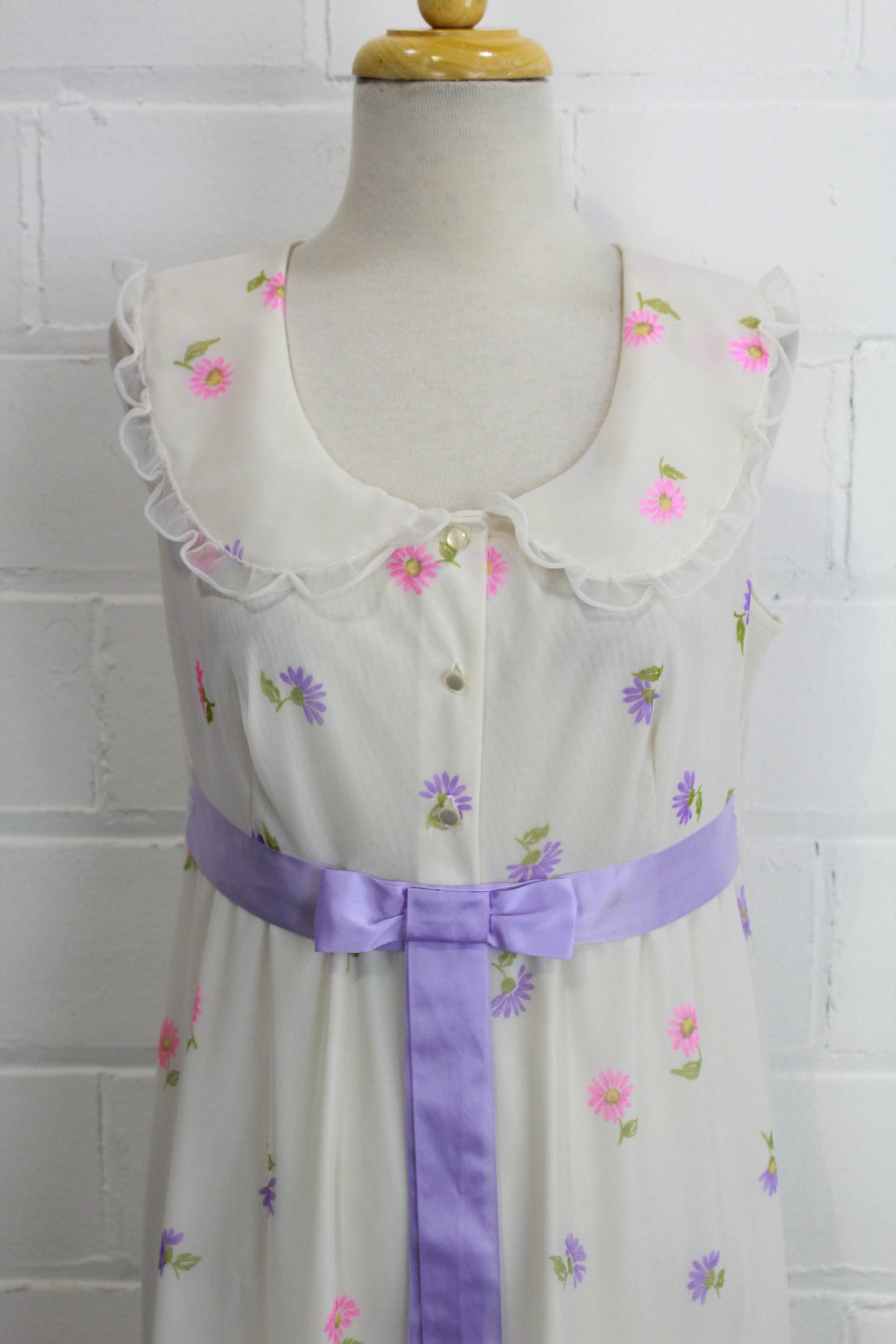 Vintage 1960s/70s White Chiffon with Lilac and Pink Floral Print Maxi Dress, Med