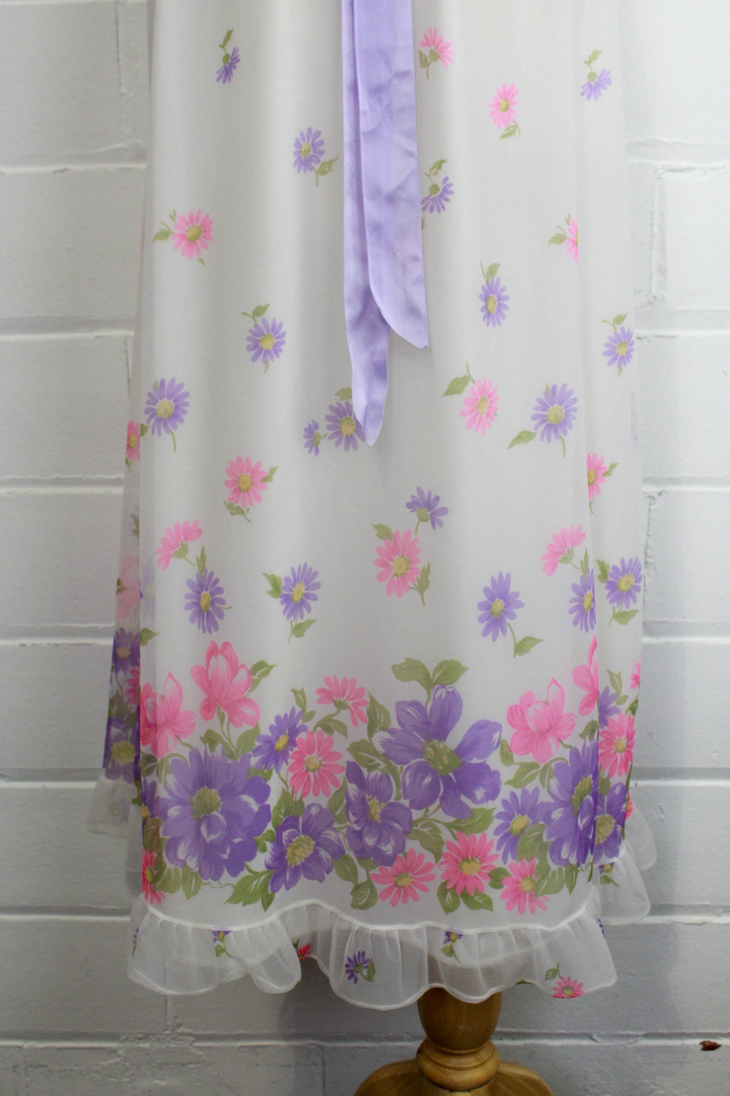 Vintage 1960s/70s White Chiffon with Lilac and Pink Floral Print Maxi Dress, Med
