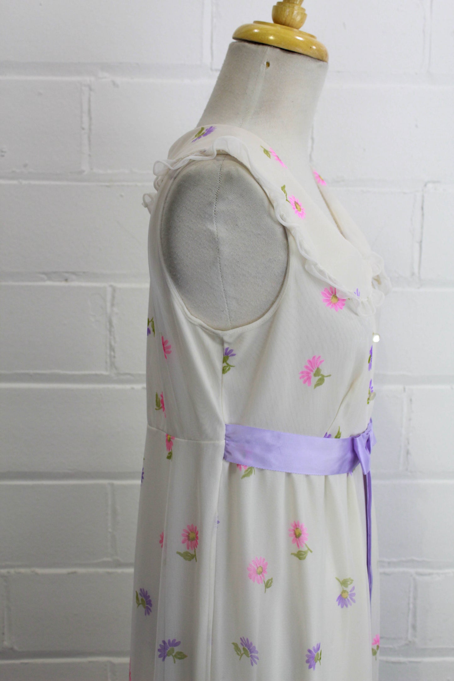 1960s/70s Maxi Dress, White Chiffon with Lilac and Pink Floral Print
