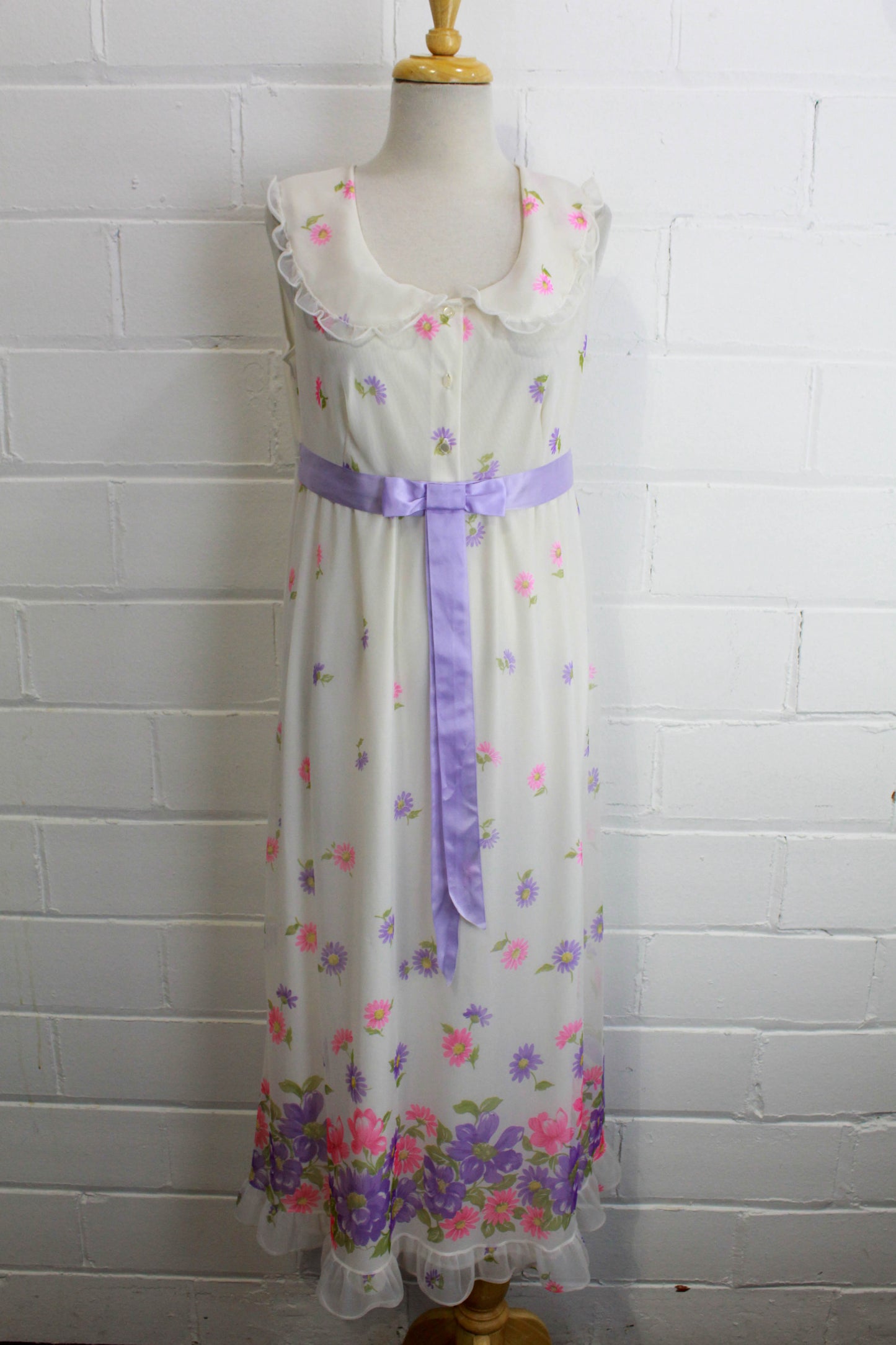 1960s/70s Maxi Dress, White Chiffon with Lilac and Pink Floral Print