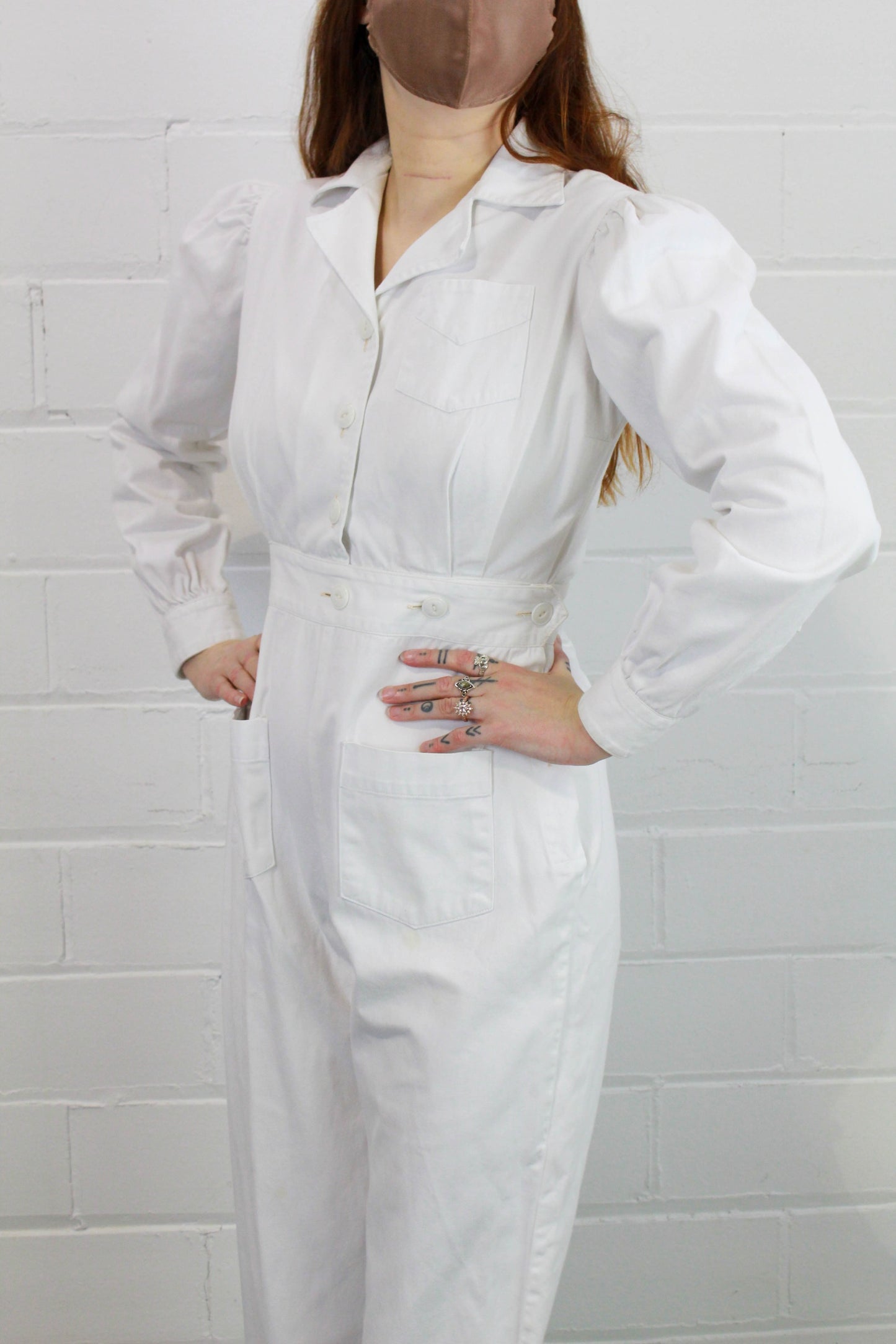 reproduction Rosie the Riveter WWII Factory Worker Women's 1940s White Coveralls/Jumpsuit Button Front Puff Sleeves