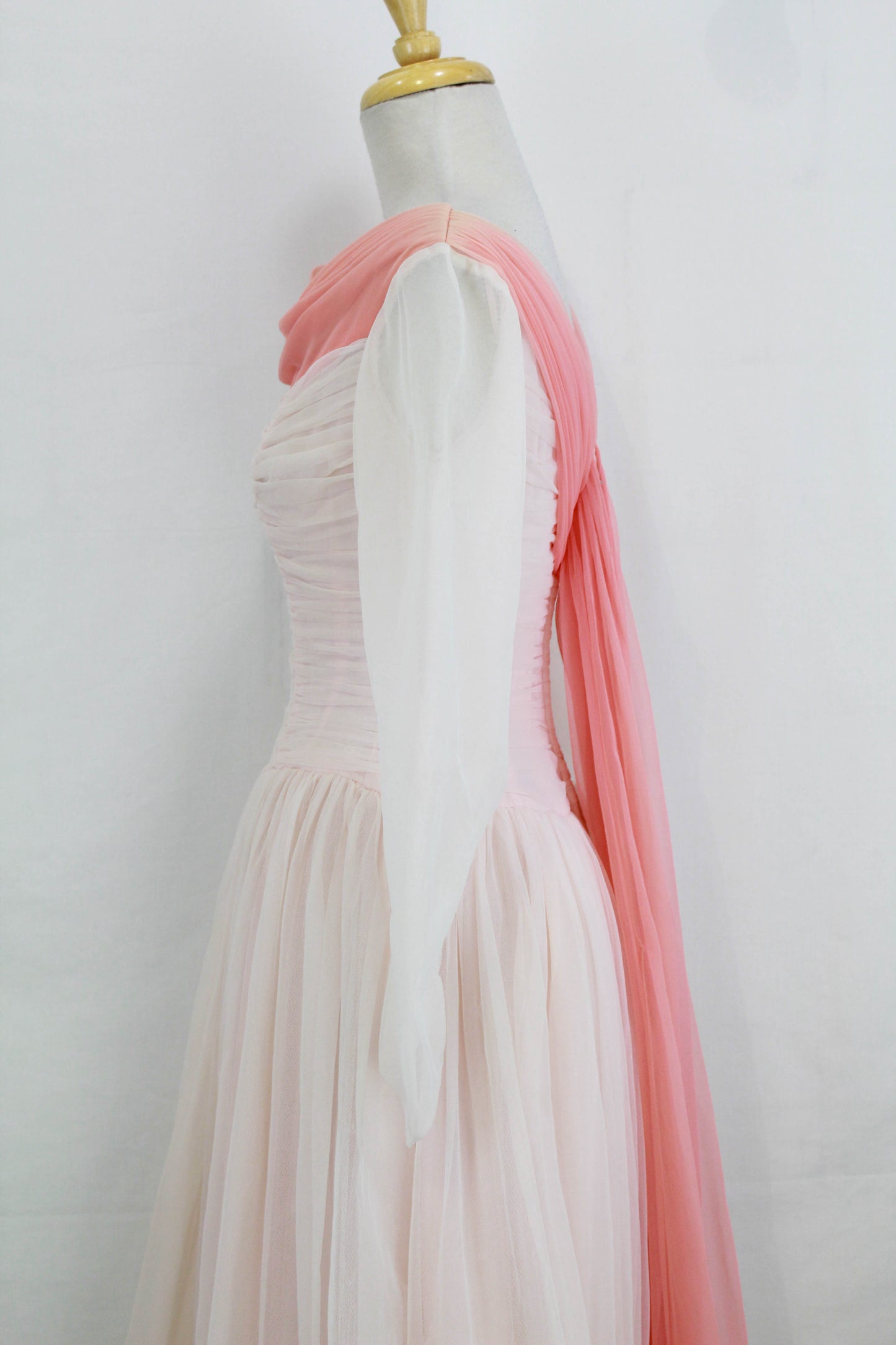 1950s Pale Pink Chiffon Gown with Contrasting Train, Vintage 50s Mid Century Party Dress Sheer Sleeves Full Skirt women's True Vintage Ian Drummond Vintage