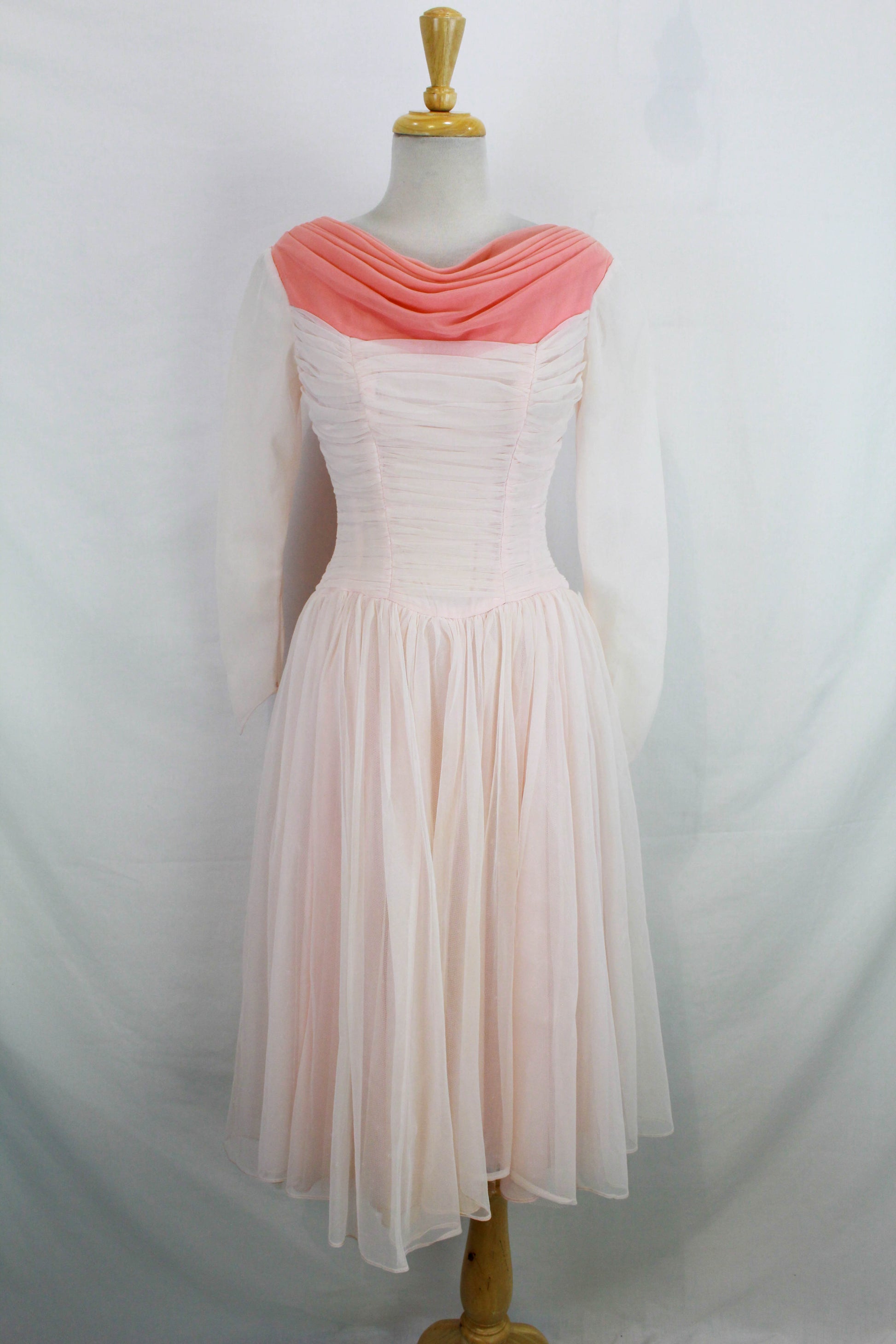 50's party dresses Vintage 1950s Pale Pink Party/Prom Dress with Contrast Coral Train, XS