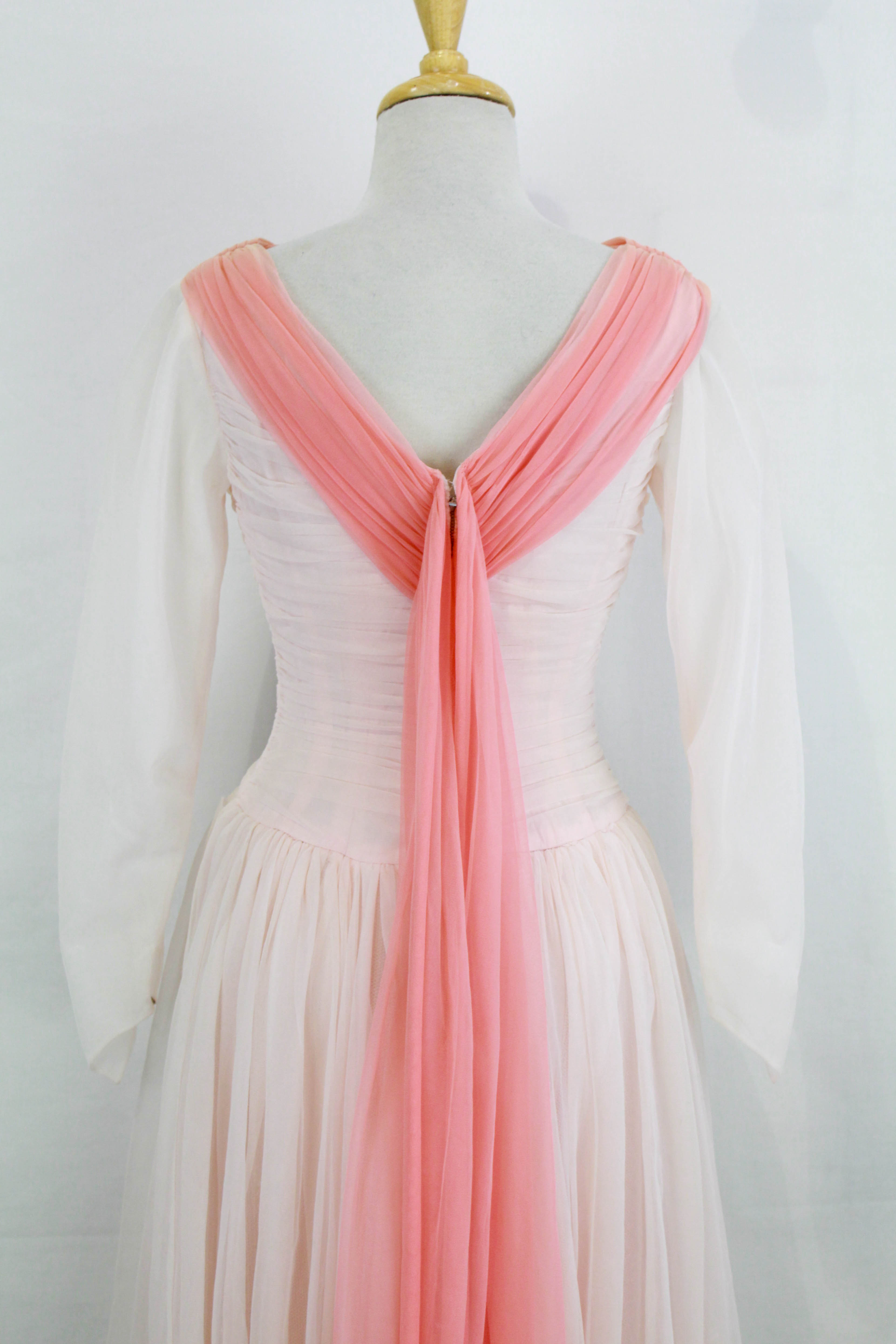 1950s Pale Pink Party/Prom Dress with Contrast Coral Train, XS