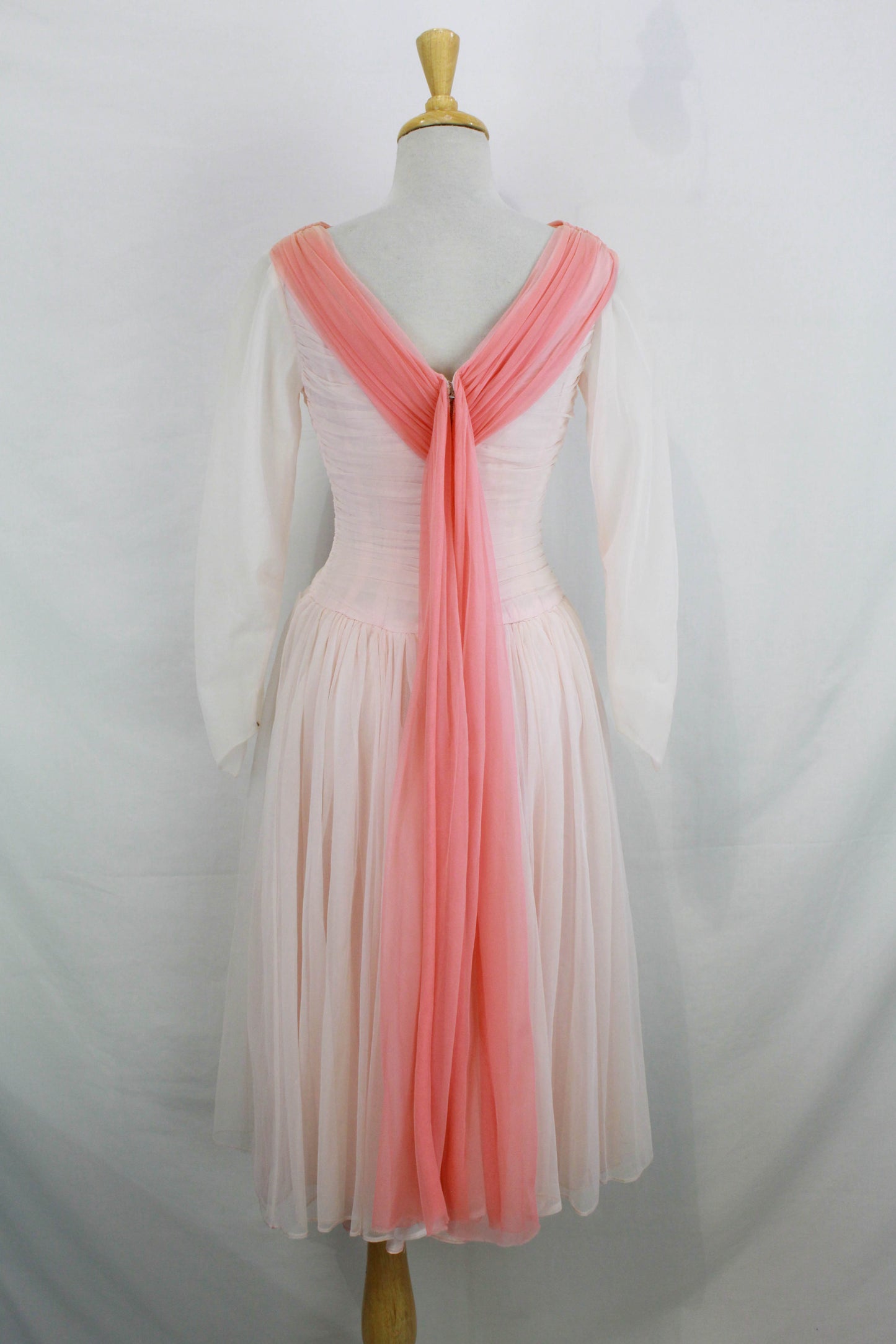 1950s Pale Pink Chiffon Gown with Contrasting Train, Vintage 50s Mid Century Party Dress Sheer Sleeves Full Skirt women's True Vintage Ian Drummond Vintage
