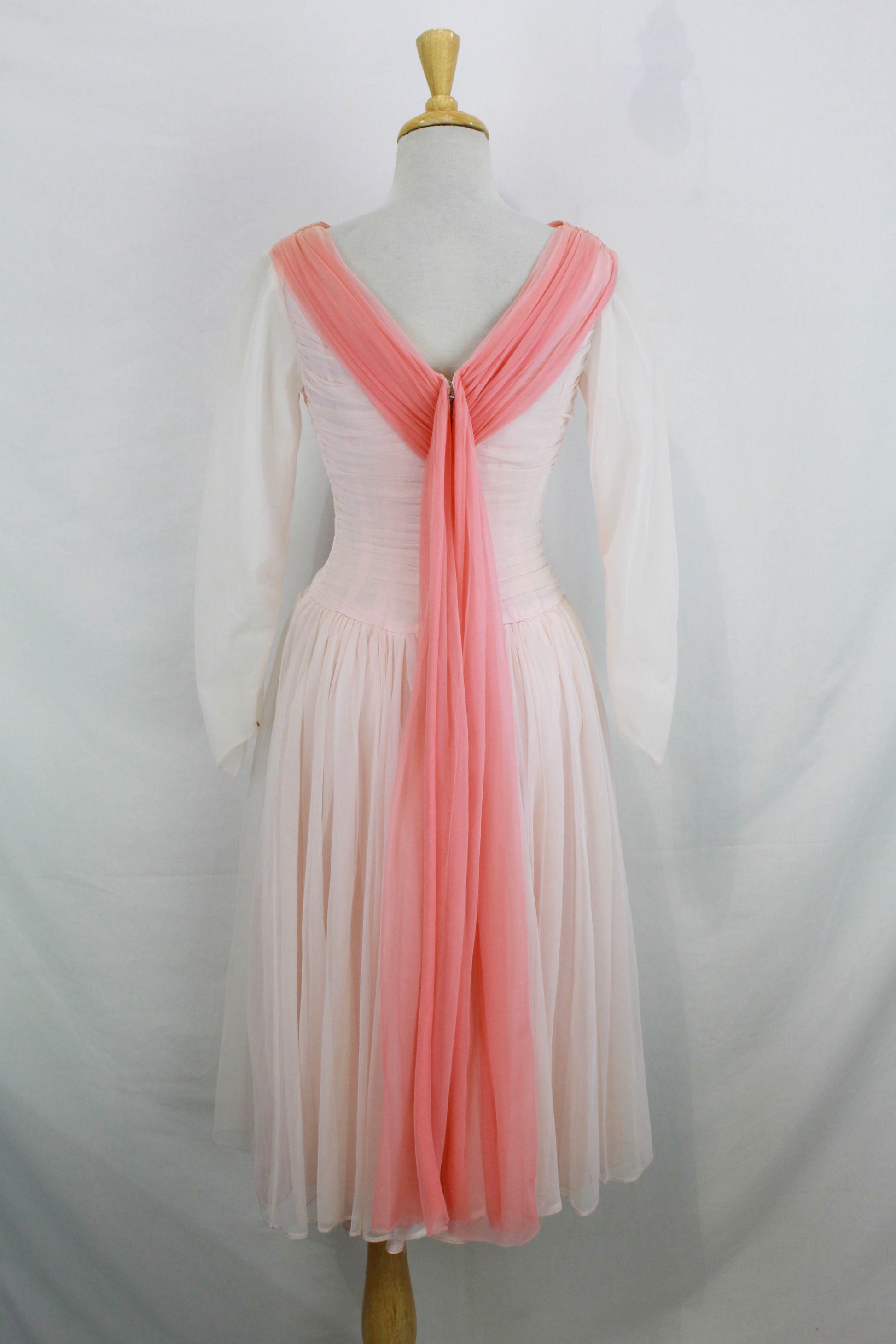 Vintage 1950s Pale Pink Party/Prom Dress with Contrast Coral Train, Xs Vintage 1950s Pale Pink Party/Prom Dress with Contrast Coral Train, Xs