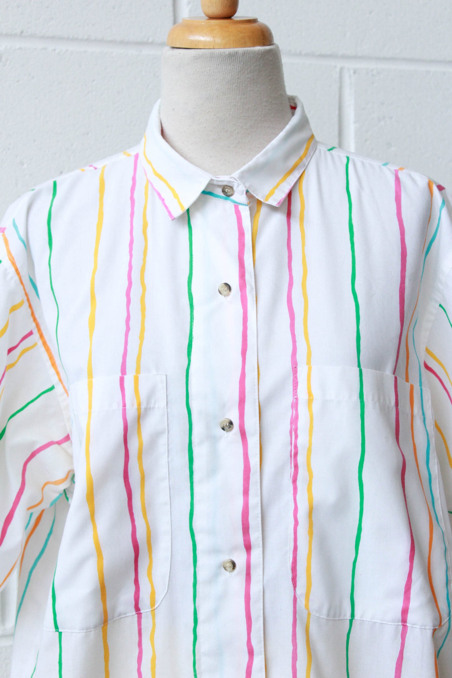 80s Bright Striped Short Sleeve Shirt, Medium
