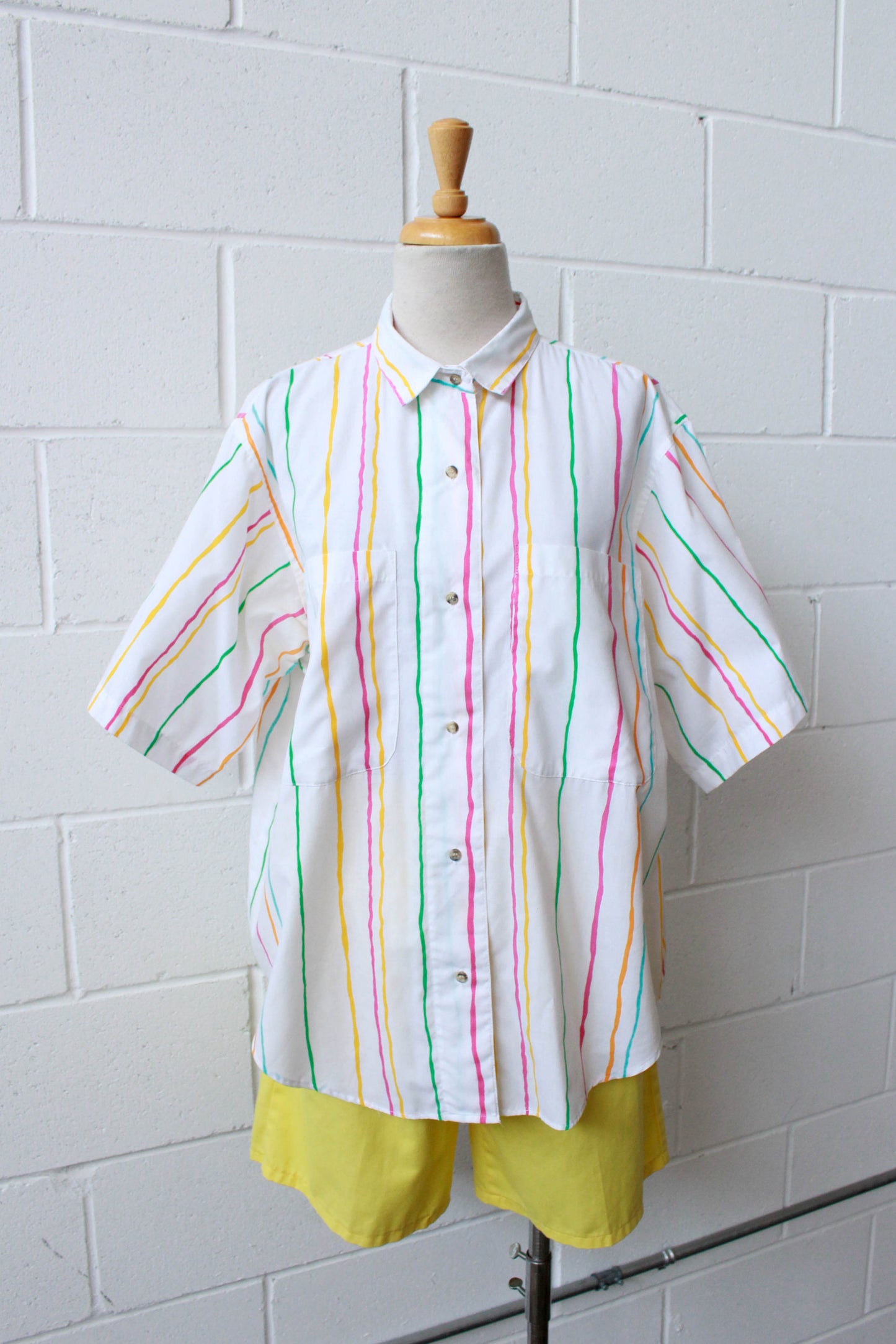 80s Bright Striped Short Sleeve Shirt, Medium