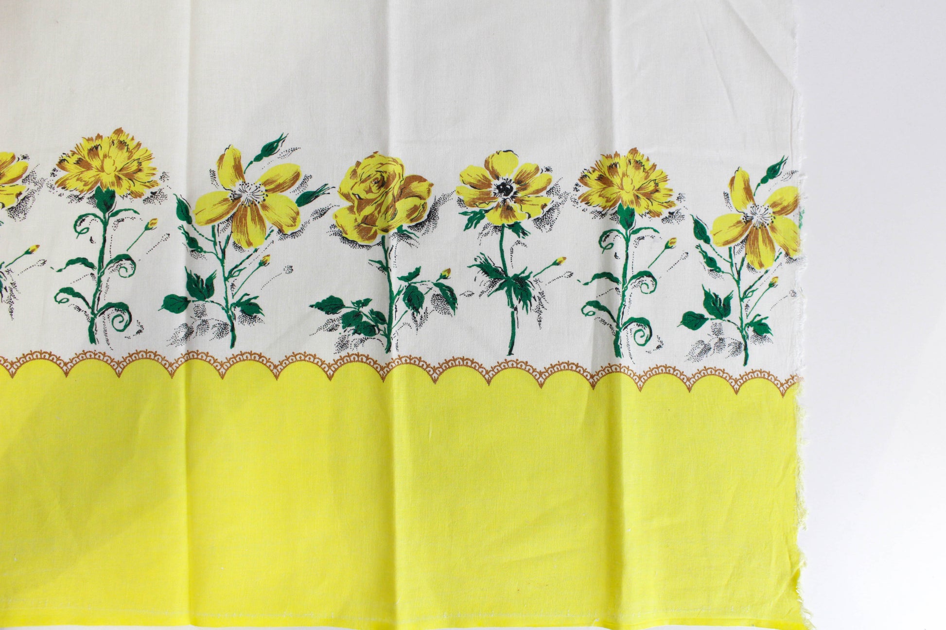 1940s yellow flower border print feedsack cotton, white background, pillowcase sewing fabric