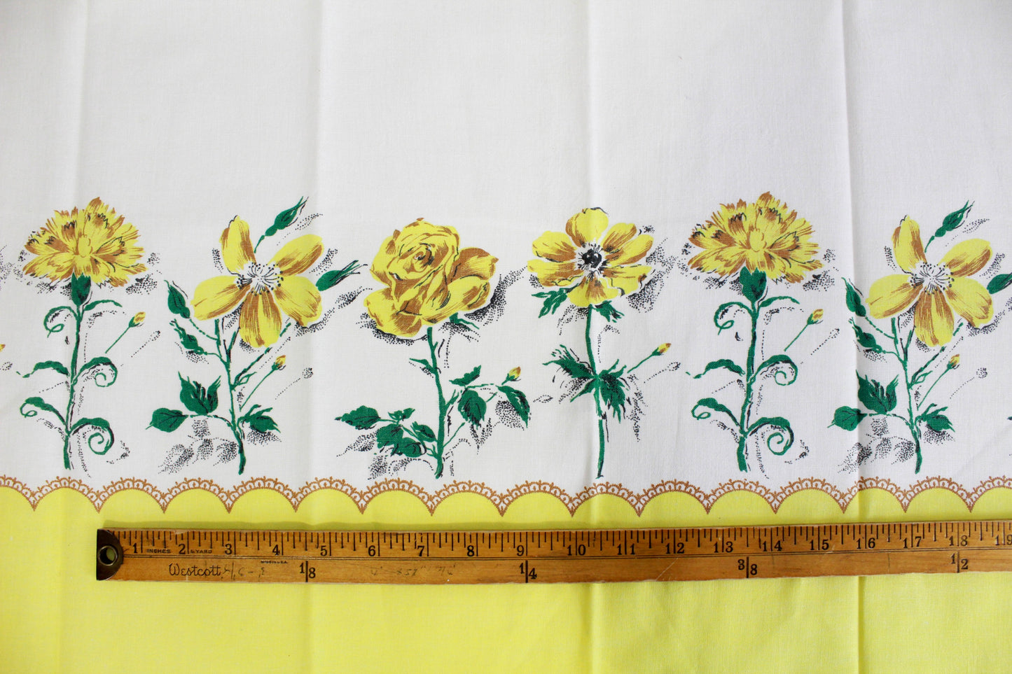 1940s yellow flower border print feedsack cotton, white background, pillowcase sewing fabric