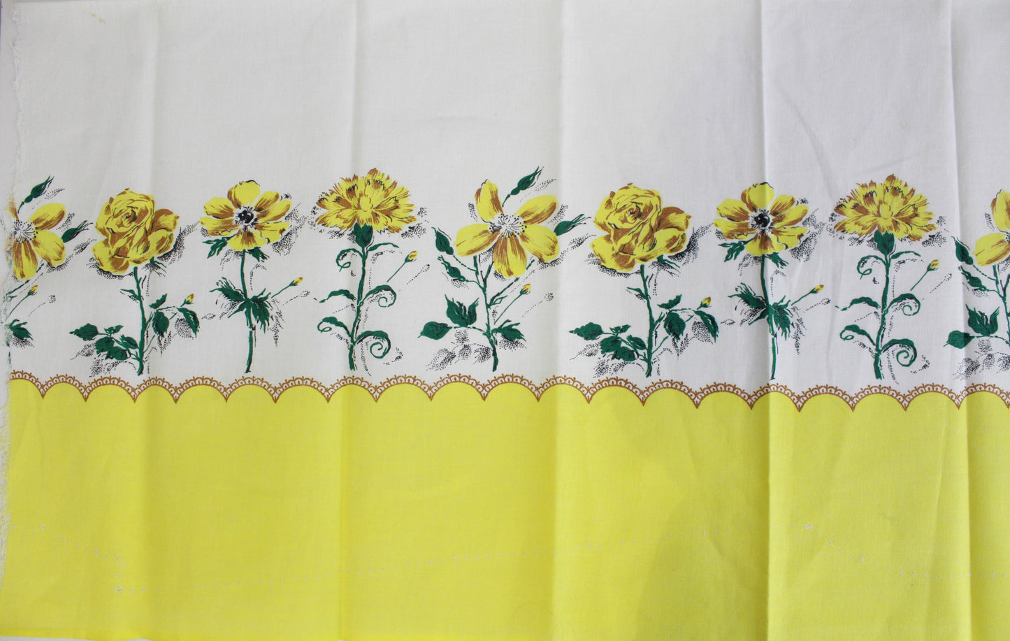 1940s yellow flower border print cotton feedsack fabric white background, pillowcase fabric