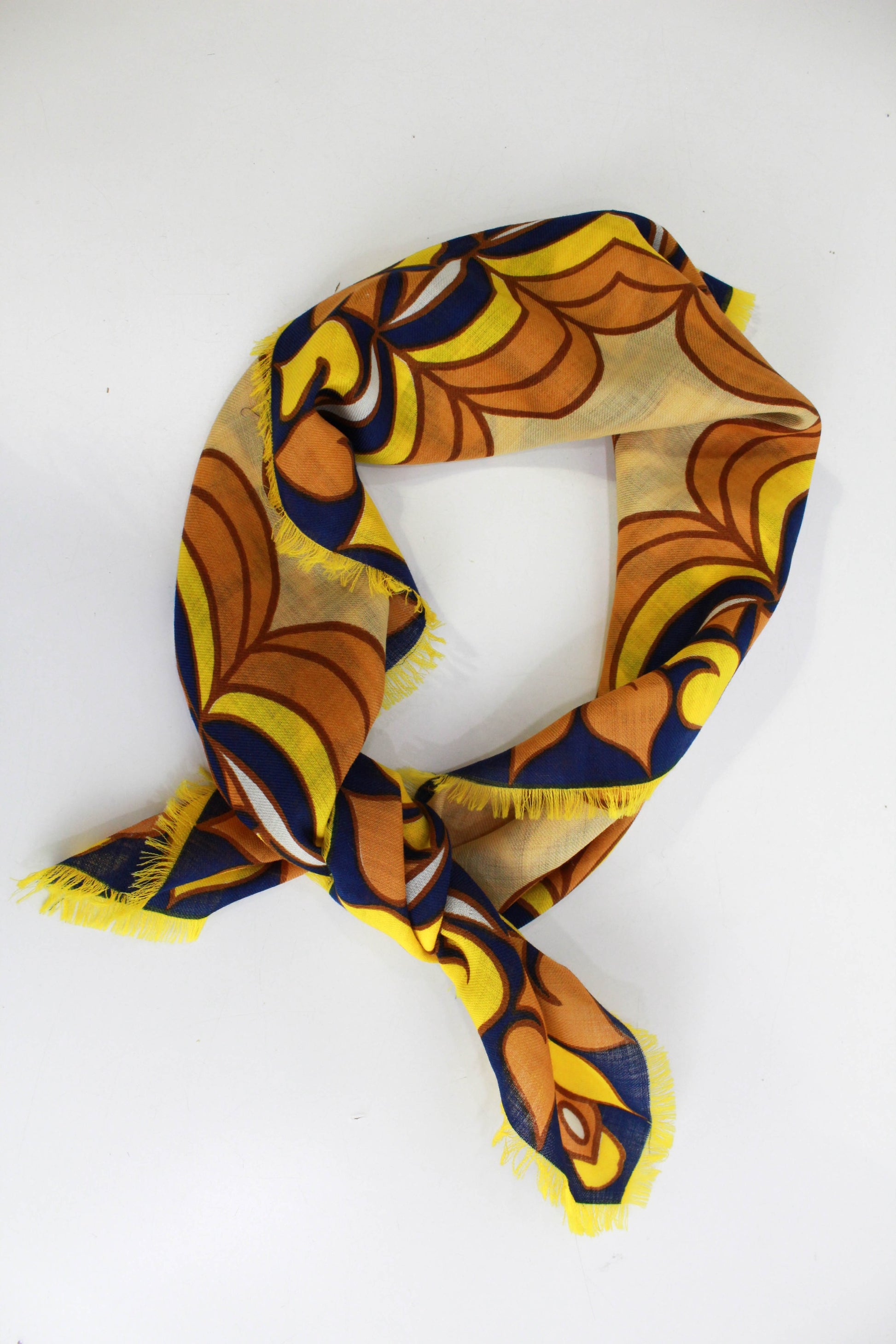 1970s abstract print cotton square scarf yellow orange and navy 