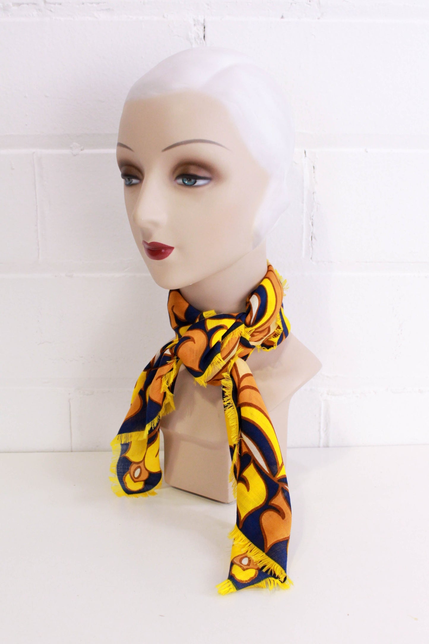 1970s abstract print cotton square scarf yellow orange and navy 