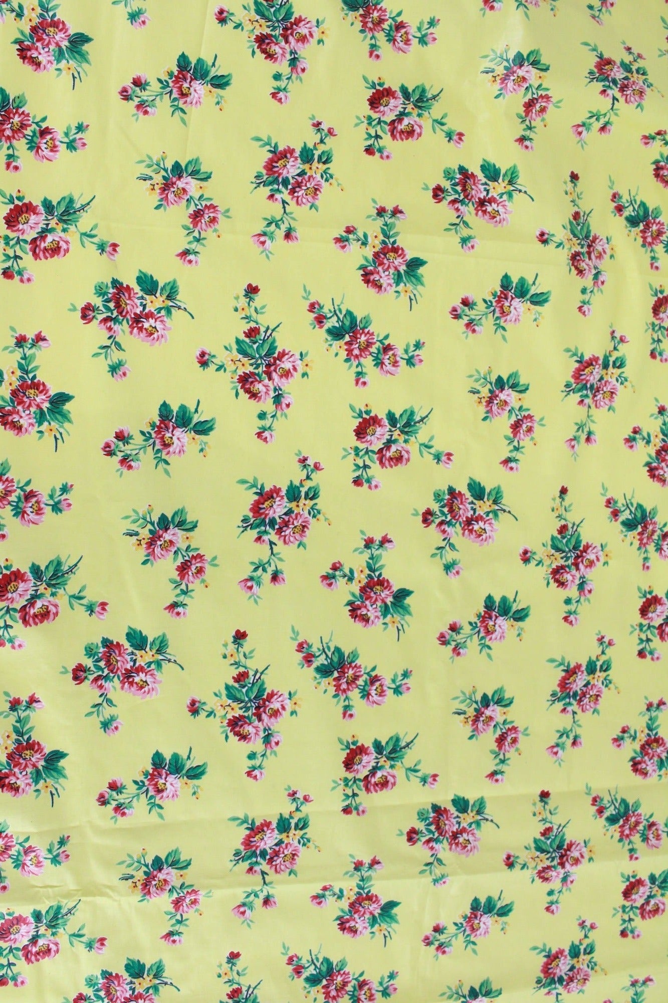 1950s polished cotton fabric 8 yards yellow with pink floral print