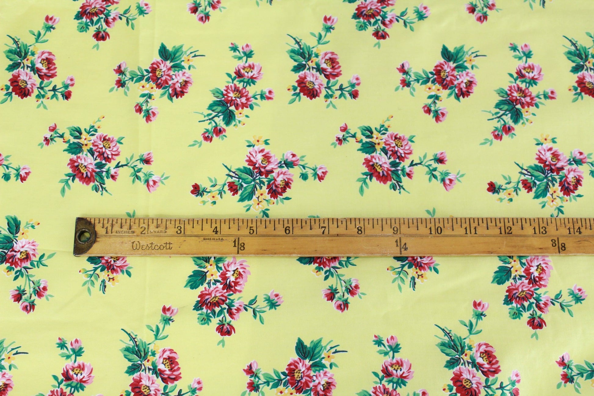 1950s polished cotton fabric 8 yards yellow with pink floral print