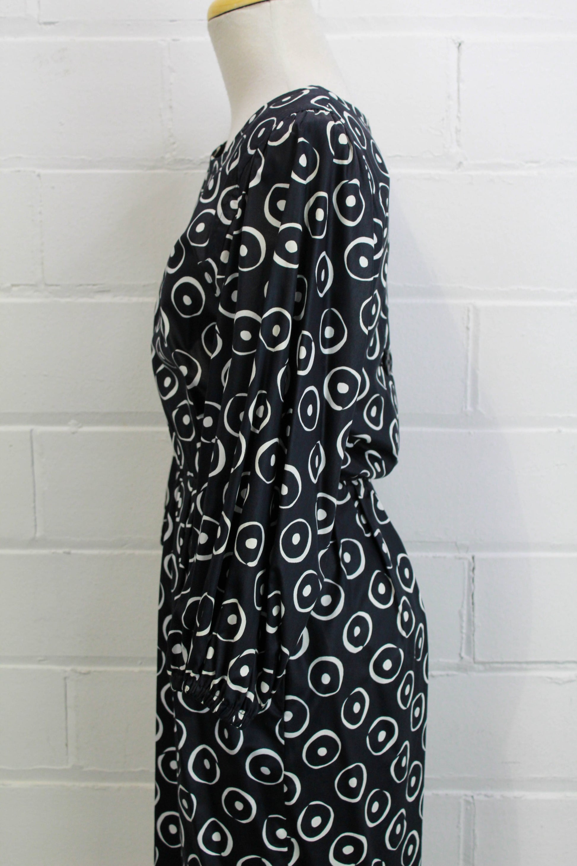 1980s yves saint laurent abstract print dress, large balloon sleeves vintage YSL Rive Gauche